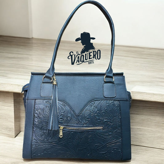 Cartera Cuero Grabado Azul