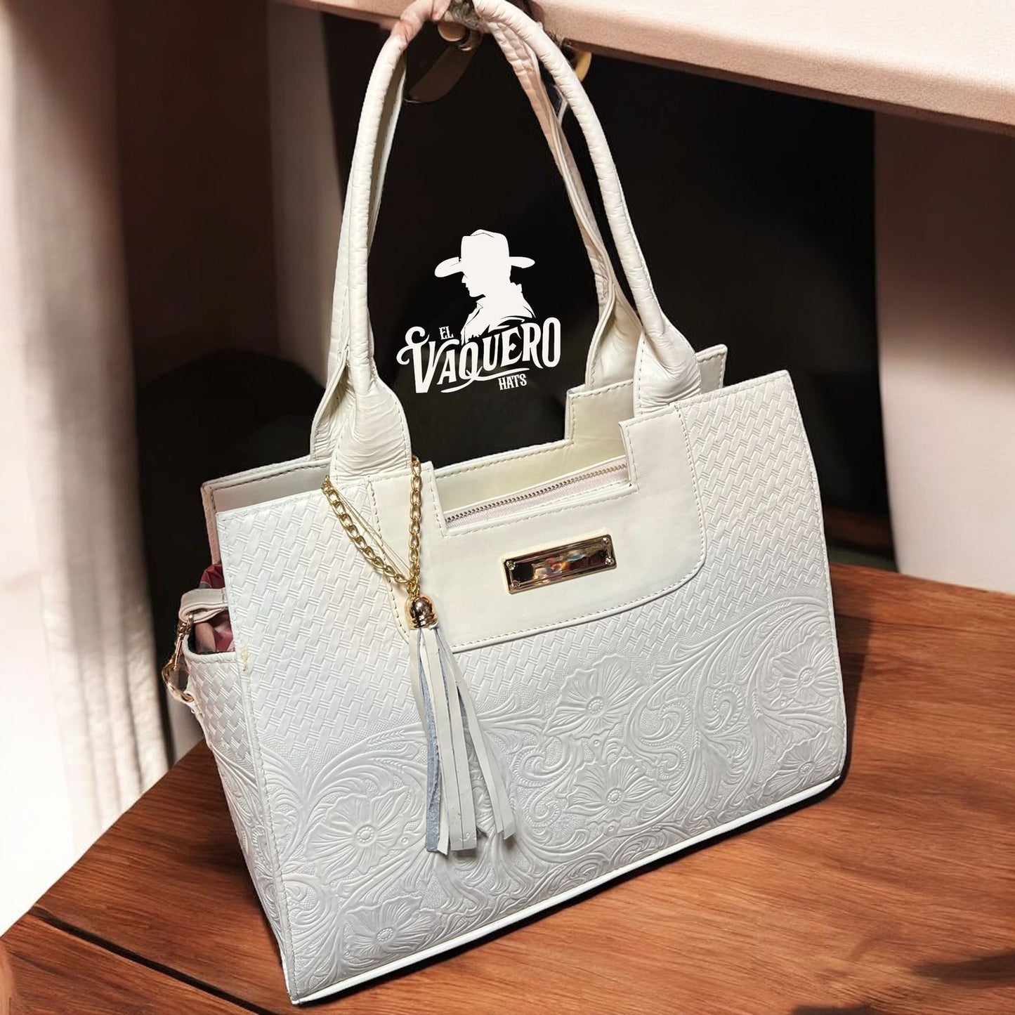 Cartera Cuero Grabado Blanca